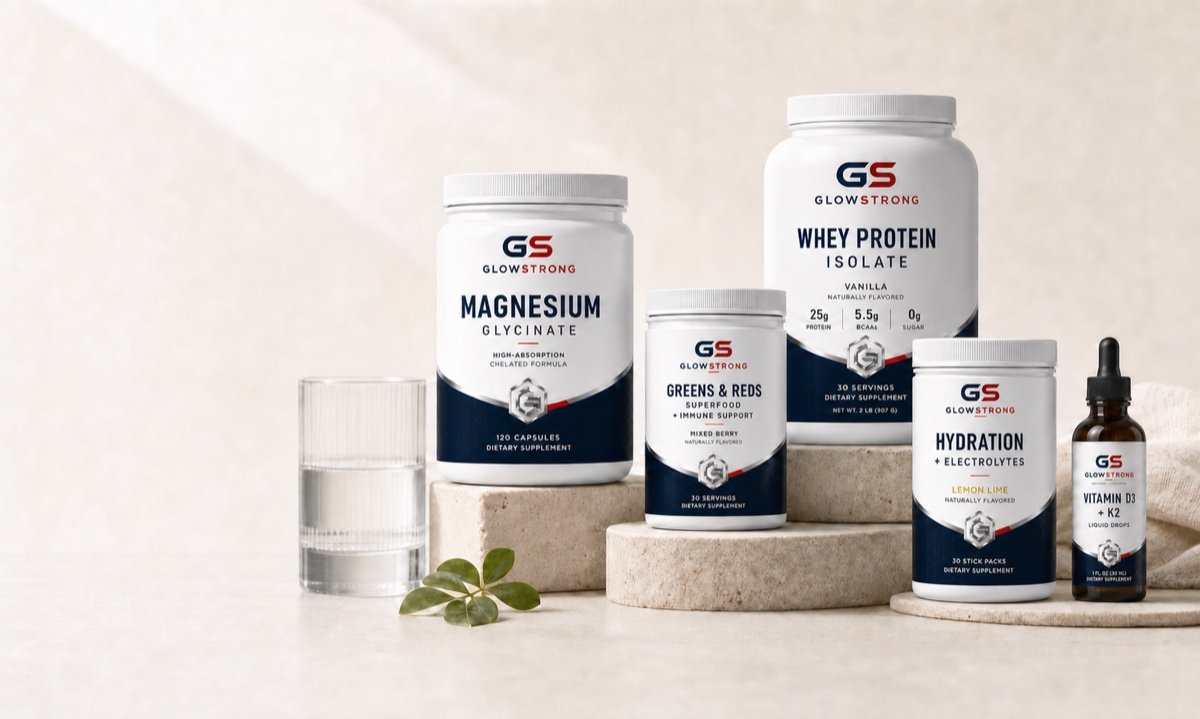 GlowStrong products styled in a bright premium studio