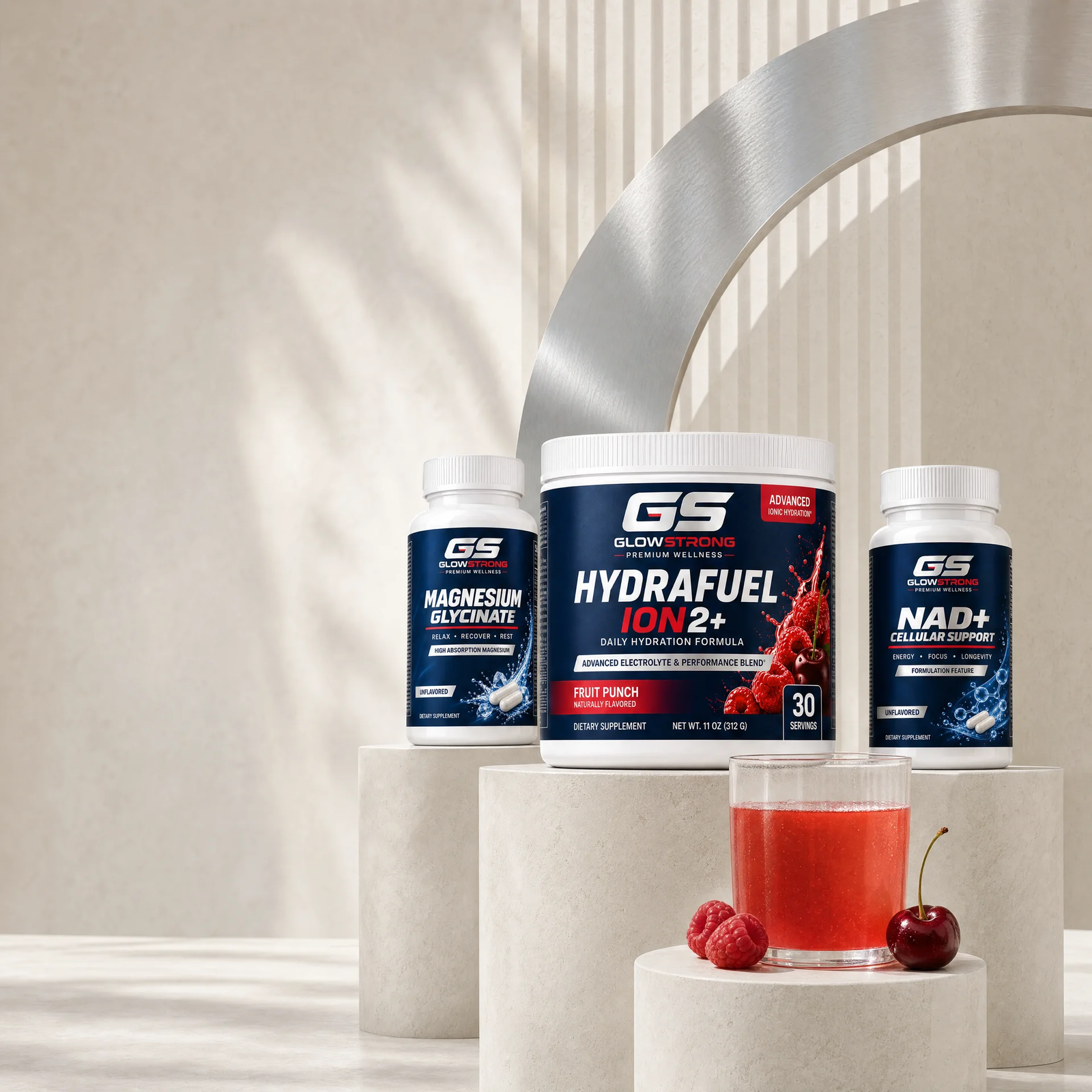 GlowStrong Hydrafuel ION2+, Magnesium Glycinate, and NAD+ Cellular Support products styled in a bright premium studio